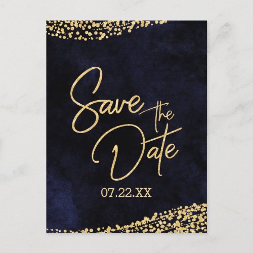 Navy Blue Watercolor  Gold Wedding Save the Date Announcement Postcard