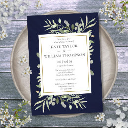 Navy Blue Watercolor Greenery Rehearsal Dinner Invitation