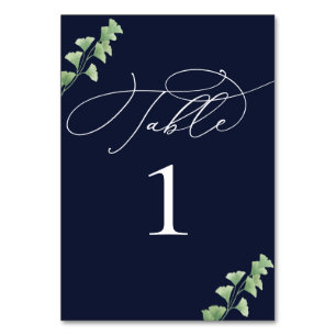 Navy Blue Watercolor Greenery Wedding Table Number