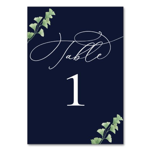 Navy Blue Watercolor Greenery Wedding Table Number