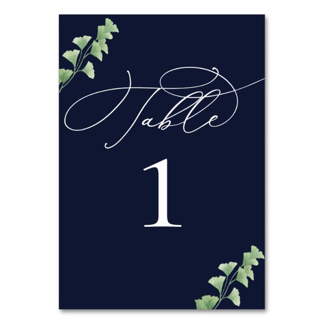 Navy Blue Watercolor Greenery Wedding Table Number (Front)