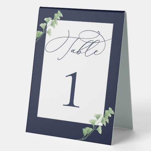 Navy Blue Watercolor Greenery Wedding Table Number Table Tent Sign