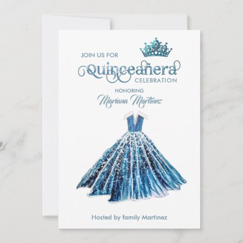 Navy blue Watercolor hand drawn ball dress Quince  Invitation