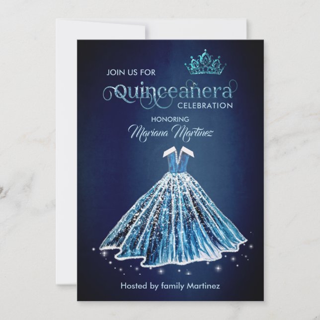 Navy blue Watercolor hand drawn ball dress Quince Invitation (Front)