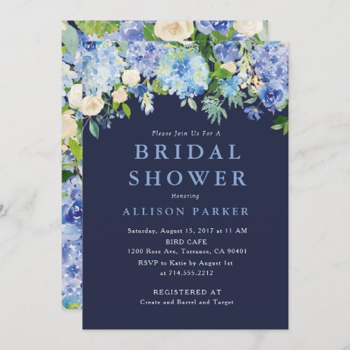 Navy Blue Watercolor hydrangea Bridal Shower Invitation