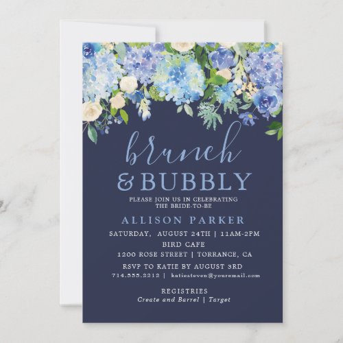 Navy Blue Watercolor Hydrangea Brunch  Bubbly Invitation