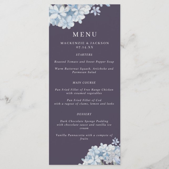 Navy Blue Watercolor Hydrangeas Wedding Menu (Front)