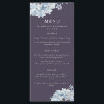 Navy Blue Watercolor Hydrangeas Wedding Menu<br><div class="desc">An elegant wedding menu with dusty blue watercolor hydrangea flowers on a navy blue background,  personalized with your names and wedding date. Menu details are in white.</div>