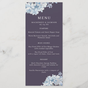 Navy Blue Watercolor Hydrangeas Wedding Menu