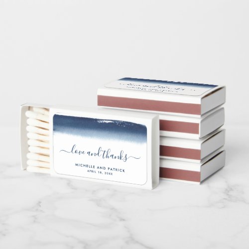 Navy Blue Watercolor Love and Thanks Wedding Matchboxes