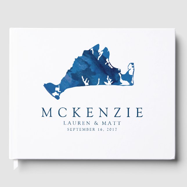 Navy Blue Watercolor Martha's Vineyard Map Wedding Guest Book (Front)