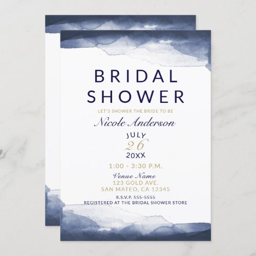 Navy Blue Watercolor Modern Chic Bridal Shower Invitation