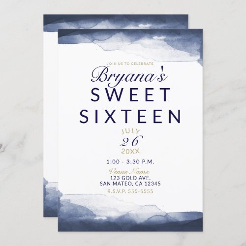 Navy Blue Watercolor Modern Chic Sweet 16 Party Invitation