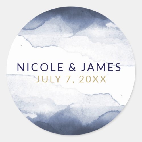 Navy Blue Watercolor Modern Chic Wedding Classic Round Sticker