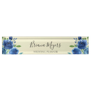 Navy Blue Watercolor Modern Floral Business Desk Name Plate