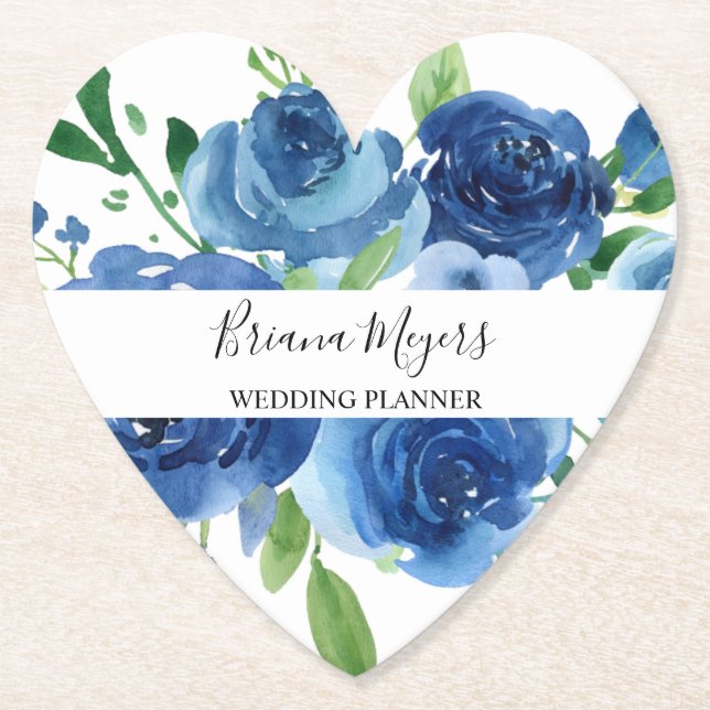 Navy Blue Watercolor Modern Floral  Business Paper Coaster (Front)
