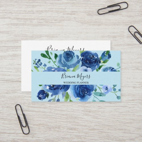 Navy Blue Watercolor Modern Floral Script Business Card