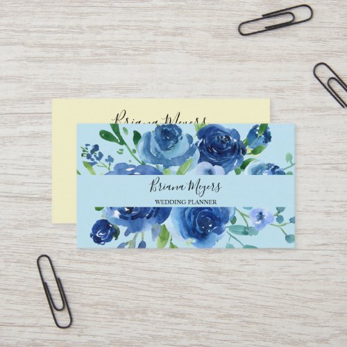 Navy Blue Watercolor Modern Floral  Script Business Card