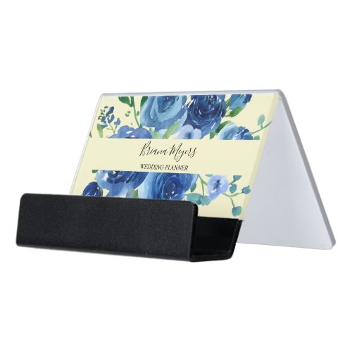 Navy Blue Watercolor Modern Floral Script Desk Bus Desk Business Card Holder