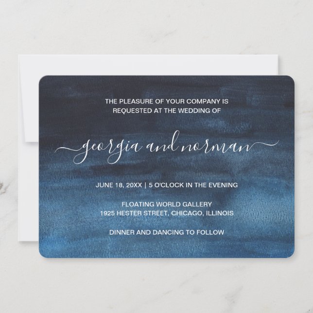 Navy Blue Watercolor Modern Wedding Invitation (Front)