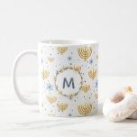 Navy Blue Watercolor Monogram   Hanukkah Pattern Coffee Mug<br><div class="desc">This Festival of Lights / Hanukkah design features a navy blue watercolor monogram in a circle bordered by a wreath with matching navy blue and gold flowers. The background pattern of menorah and Star of David is set on pearl gray / smoke white. The background may be changed to any...</div>