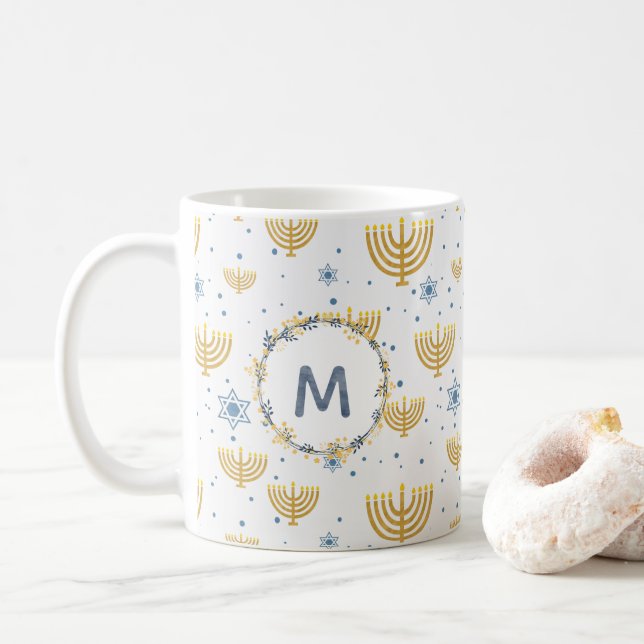 Navy Blue Watercolor Monogram + Hanukkah Pattern Coffee Mug (With Donut)