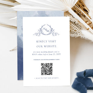 Navy Blue Watercolor Monogram QR Code /RSVP Online Enclosure Card