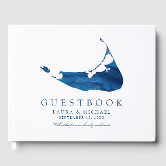 Navy Blue Watercolor Nantucket Map Wedding Guest Book