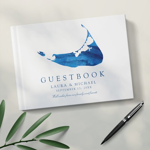 Navy Blue Watercolor Nantucket Map Wedding Guest Book