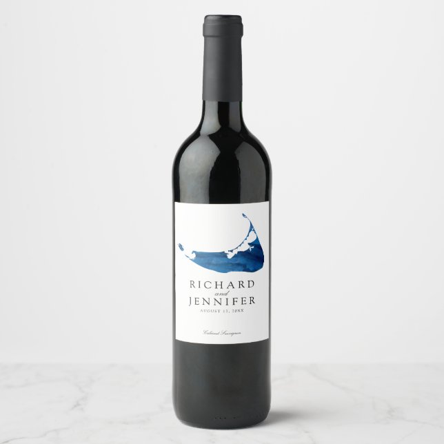 Navy Blue Watercolor Nantucket Map Wedding Wine Label (Front)