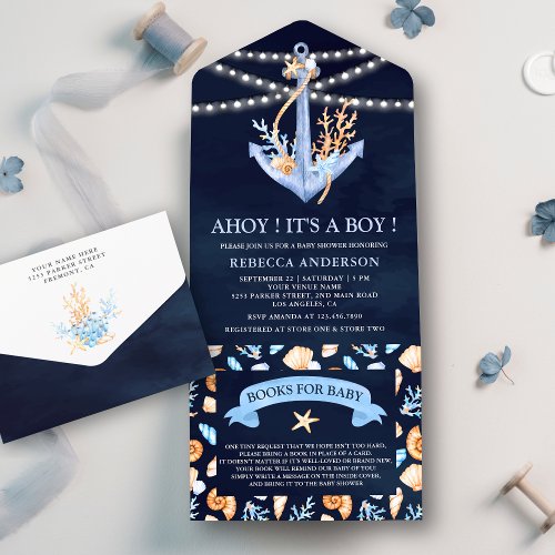 Navy Blue Watercolor Nautical Anchor Baby Shower All In One Invitation