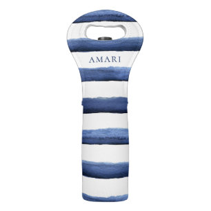 Navy Blue Watercolor Nautical Stripe Pattern Wine Bag