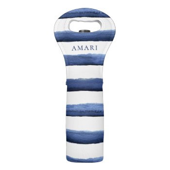 Navy Blue Watercolor Nautical Stripe Pattern Wine Bag by PoshPaperCo at Zazzle