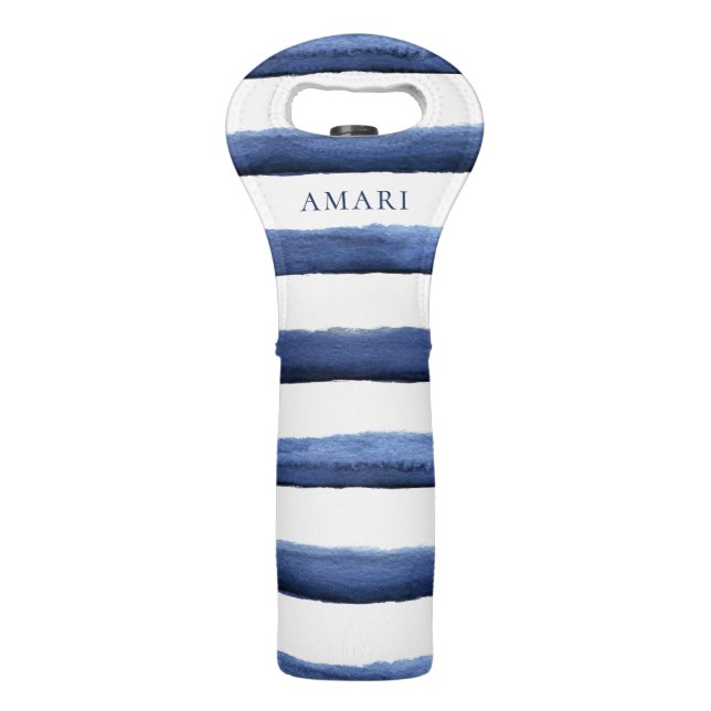 Navy Blue Watercolor Nautical Stripe Pattern Wine Bag (Front)