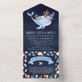 Navy Blue Watercolor Nautical Whale Baby Shower All In One Invitation (Inside)