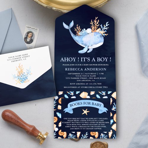Navy Blue Watercolor Nautical Whale Baby Shower All In One Invitation