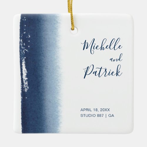 Navy Blue Watercolor Newlywed Ceramic Ornament