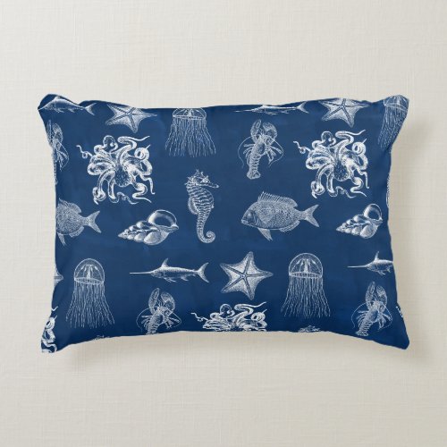 Navy Blue Watercolor Ocean Marine Animals  Accent Pillow