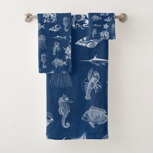 Navy Blue Watercolor Ocean Marine Animals Bath Towel Set