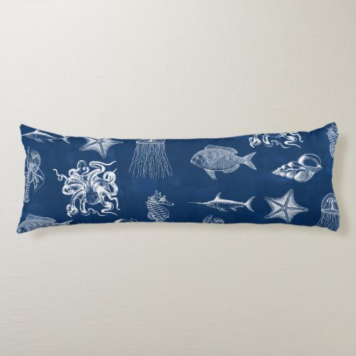 Navy Blue Watercolor Ocean Marine Animals  Body Pillow