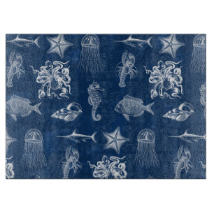 Navy Blue Watercolor Ocean Marine Animals Cutting Board