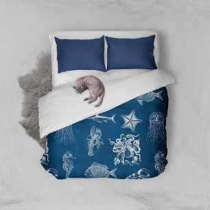 Navy Blue Watercolor Ocean Marine Animals Duvet Cover