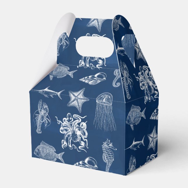Navy Blue Watercolor Ocean Marine Animals  Favor Boxes (Front Side)