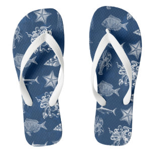 Navy Blue Watercolor Ocean Marine Animals Flip Flops