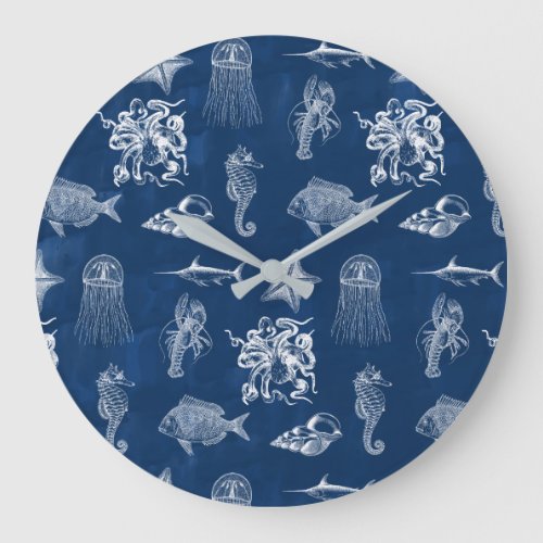 Navy Blue Watercolor Ocean Marine Animals Large Clock