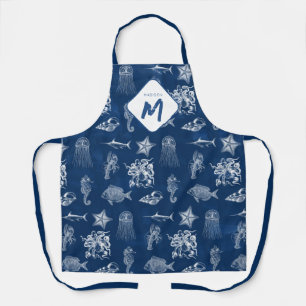 Navy Blue Watercolor Ocean Marine Animals Monogram Apron