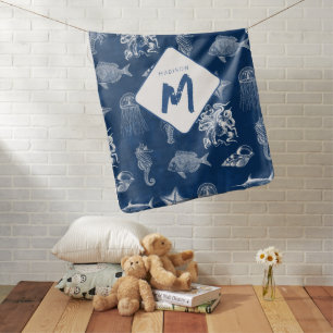 Navy Blue Watercolor Ocean Marine Animals Monogram Baby Blanket