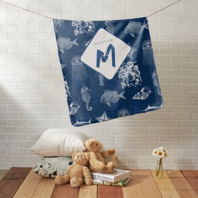 Navy Blue Watercolor Ocean Marine Animals Monogram Baby Blanket (In Situ)