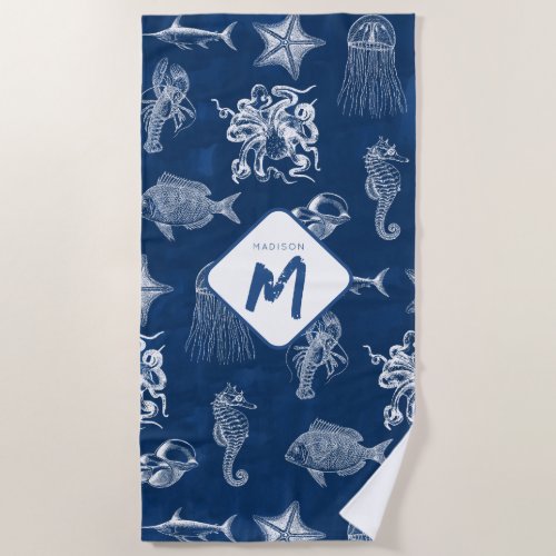 Navy Blue Watercolor Ocean Marine Animals Monogram Beach Towel