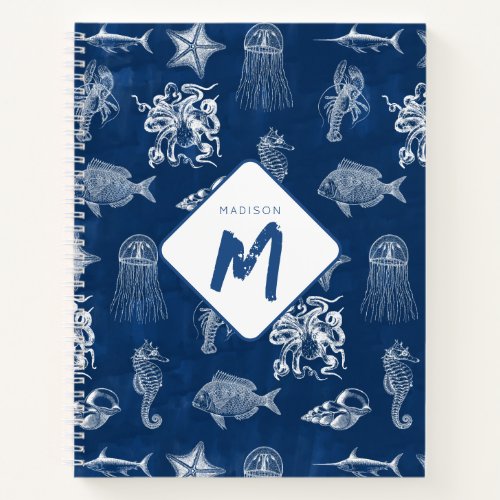 Navy Blue Watercolor Ocean Marine Animals Monogram Notebook